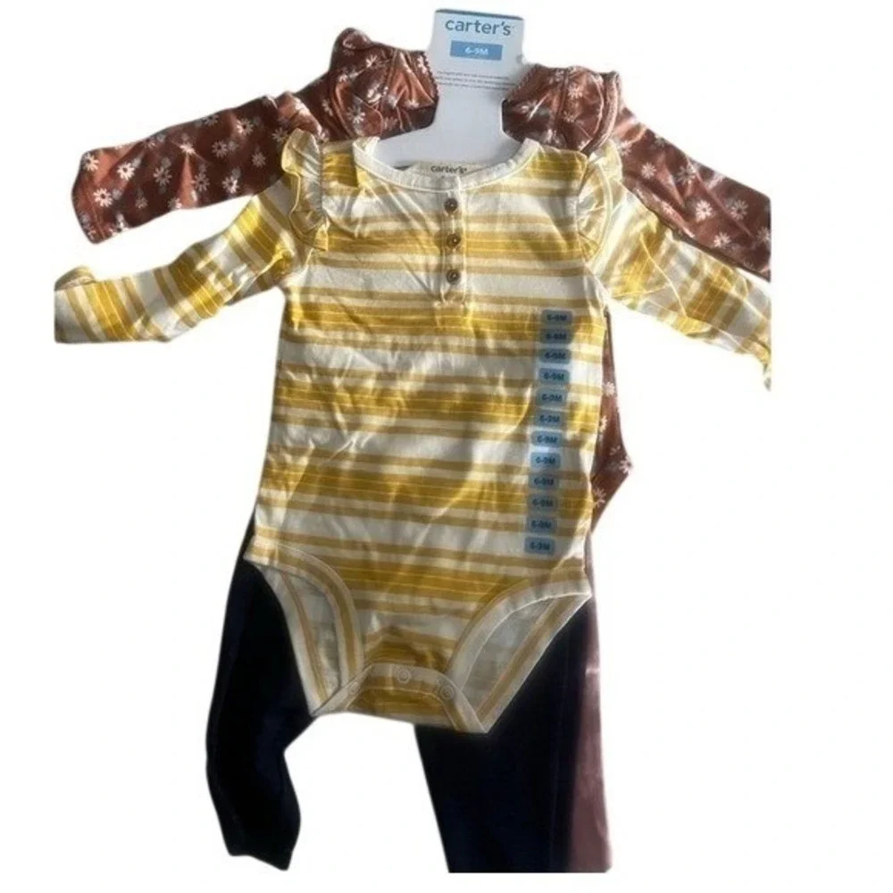 Carters Baby Girl 4 Piece Outfit Set Bodysuits Leggings Yellow & Floral 6-9M